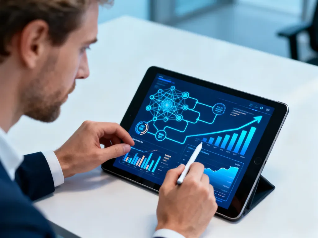 Mężczyzna obsługujący tablet z wykresami danych, symbolizujący pracę nad zaawansowanymi rozwiązaniami technologicznymi.