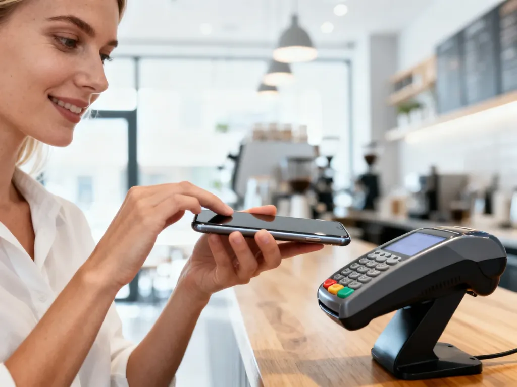 Kobieta płacąca smartfonem zbliżeniowo w nowoczesnej kawiarni przy użyciu technologii Apple Pay.