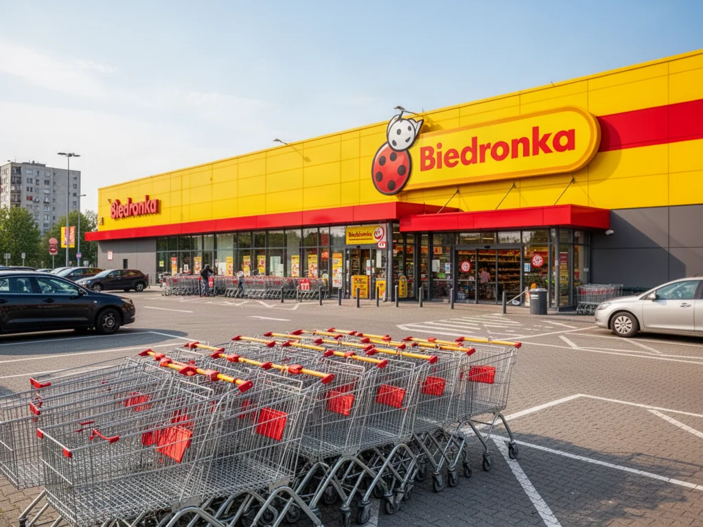 Nowoczesny budynek sklepu Biedronka z rzędem wózków sklepowych na parkingu w słoneczny dzień.