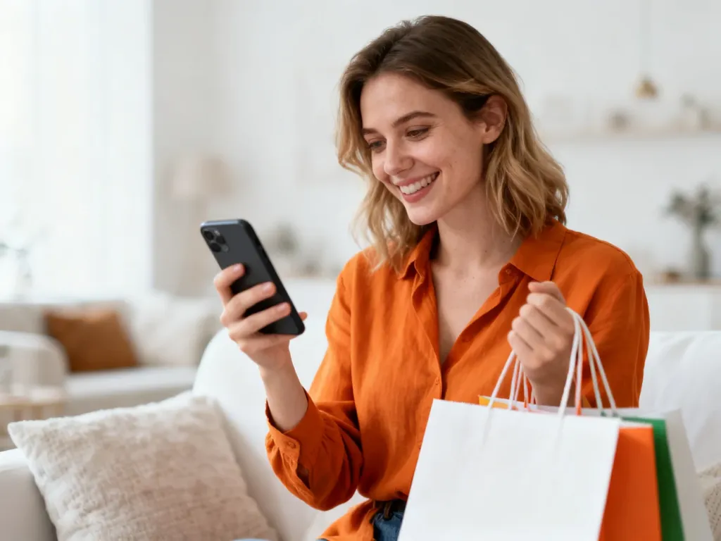 Uśmiechnięta kobieta robiąca zakupy online na smartfonie w przytulnym salonie, co ilustruje wygodę płatności Allegro Pay.