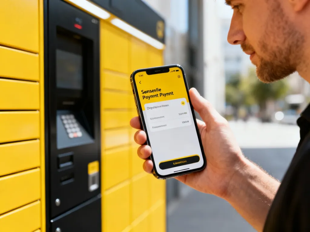 Mężczyzna trzyma smartfon z otwartym interfejsem płatności InPost Pay na tle paczkomatu.