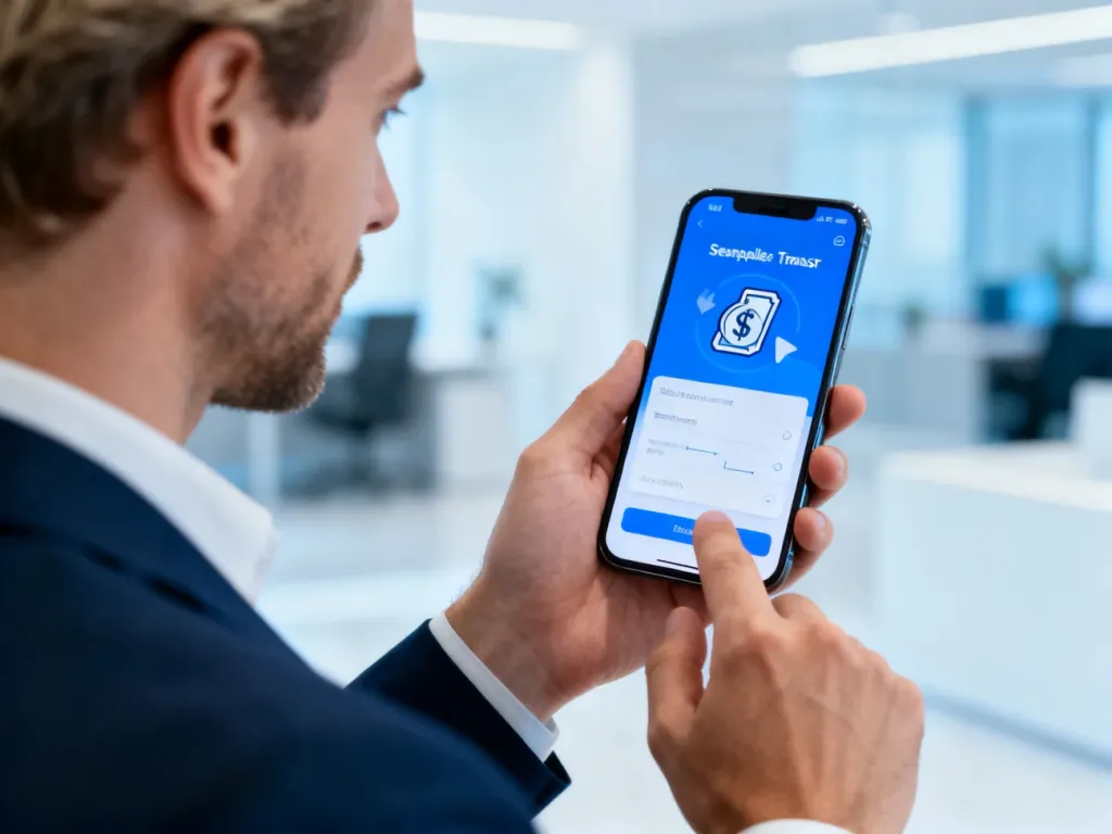 Mężczyzna trzymający smartfon z widocznym interfejsem bankowości mobilnej, ilustrujący proces wykonywania przelewu SEPA.