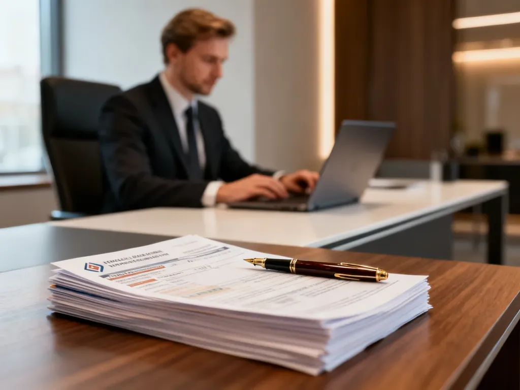 Stos dokumentów bankowych oraz pióro na biurku, symbolizujące profesjonalną obsługę procesów finansowych i inkasa.