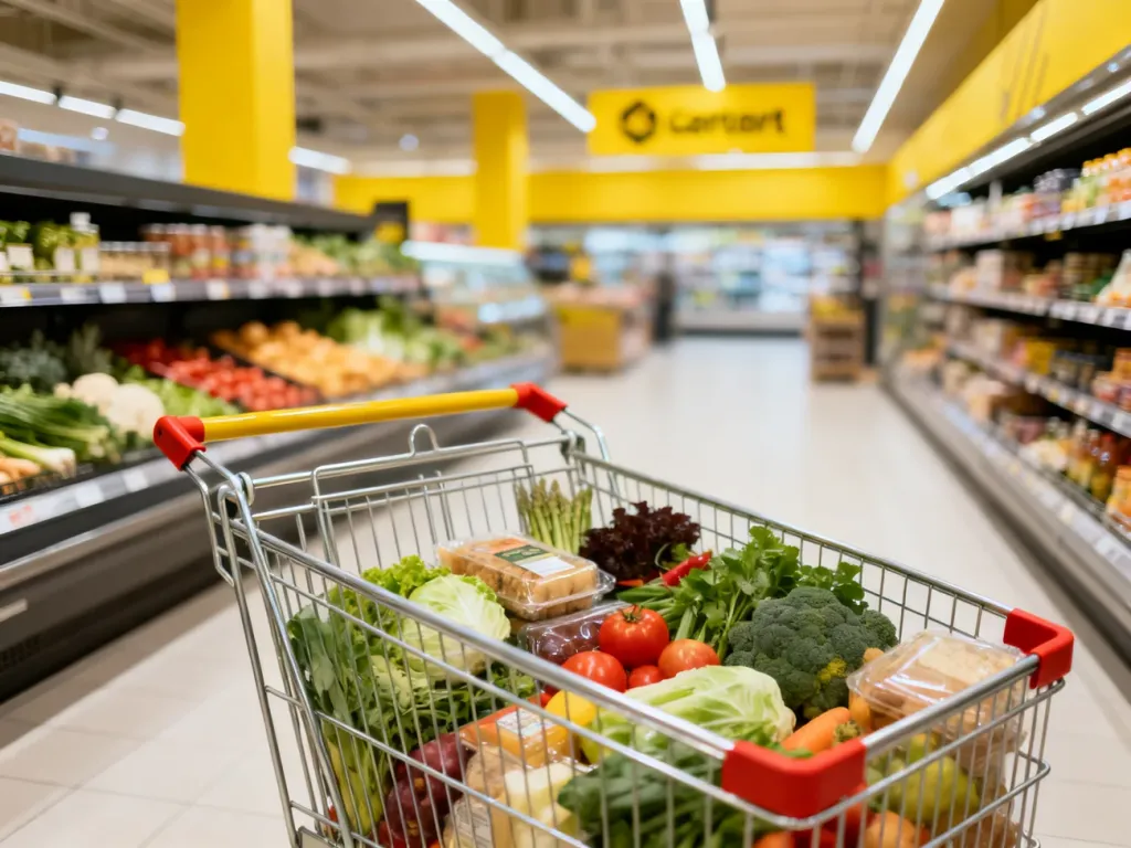 Wnętrze nowoczesnego sklepu spożywczego z wózkiem pełnym świeżych produktów i charakterystycznymi żółtymi akcentami.