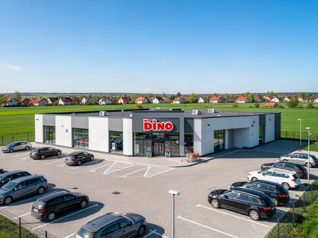 Nowoczesny budynek supermarketu Dino z parkingiem na tle podmiejskiego krajobrazu w słoneczny dzień.