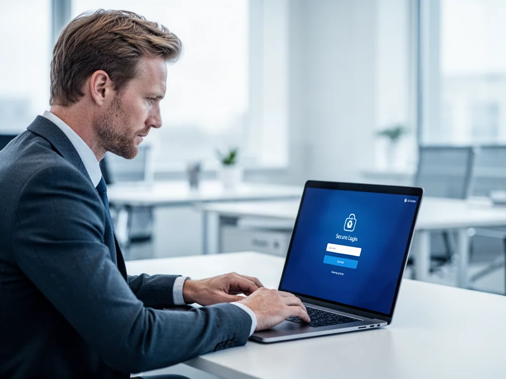 Pracownik w nowoczesnym biurze korzystający z laptopa podczas logowania do systemu ADP.