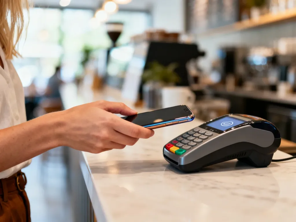 Kobieta płacąca zbliżeniowo smartfonem przy terminalu w kawiarni, ilustrująca działanie usługi Google Pay.
