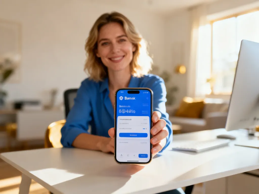 Kobieta korzystająca z aplikacji bankowej na smartfonie w nowoczesnym domowym biurze.