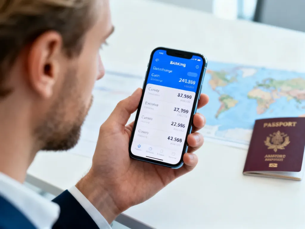 Mężczyzna trzymający smartfon z aplikacją bankową do wymiany walut, w tle paszport i mapa świata.