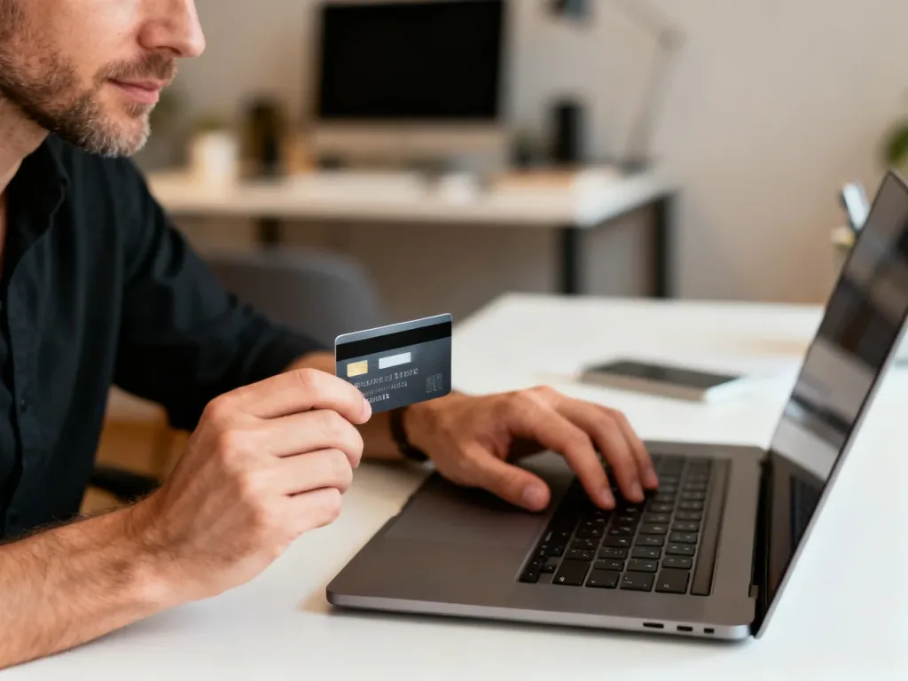 Mężczyzna wpisujący dane karty płatniczej na laptopie w domowym biurze podczas zakupów online.