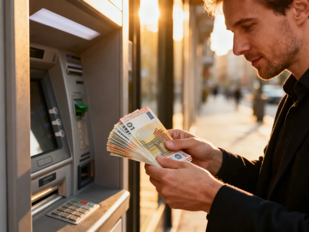 Mężczyzna trzymający plik banknotów euro przed nowoczesnym bankomatem w miejskiej scenerii.