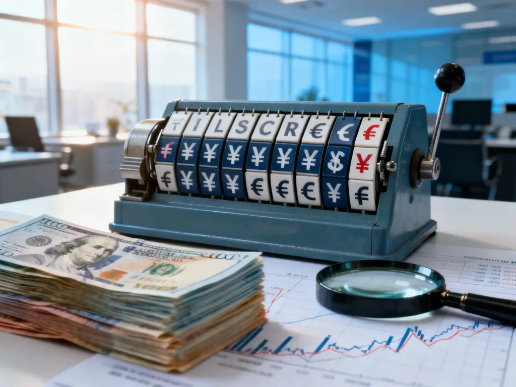 Mechaniczna tablica kursów walut, banknoty i lupa na wykresie finansowym, symbolizujące proces wymiany walut.