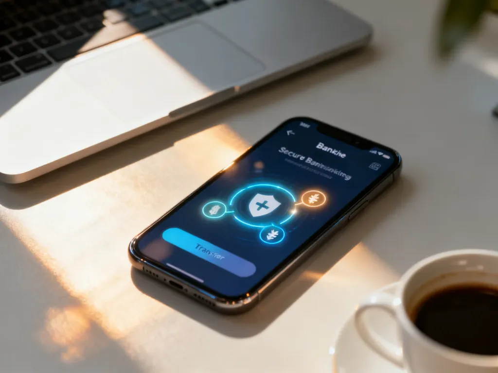 Smartfon z otwartą aplikacją bankową na tle biurka, symbolizujący szybkie i bezpieczne przelewy elektroniczne.