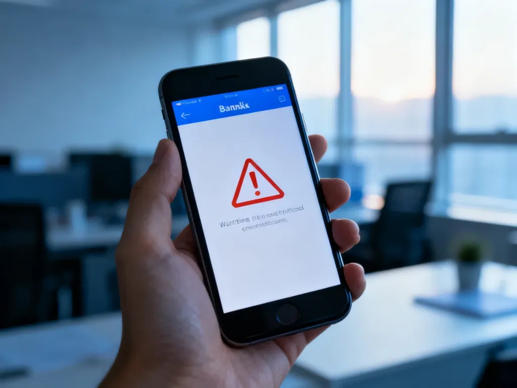 Smartfon z otwartą aplikacją bankową wyświetlającą ikonę błędu podczas wykonywania przelewu.