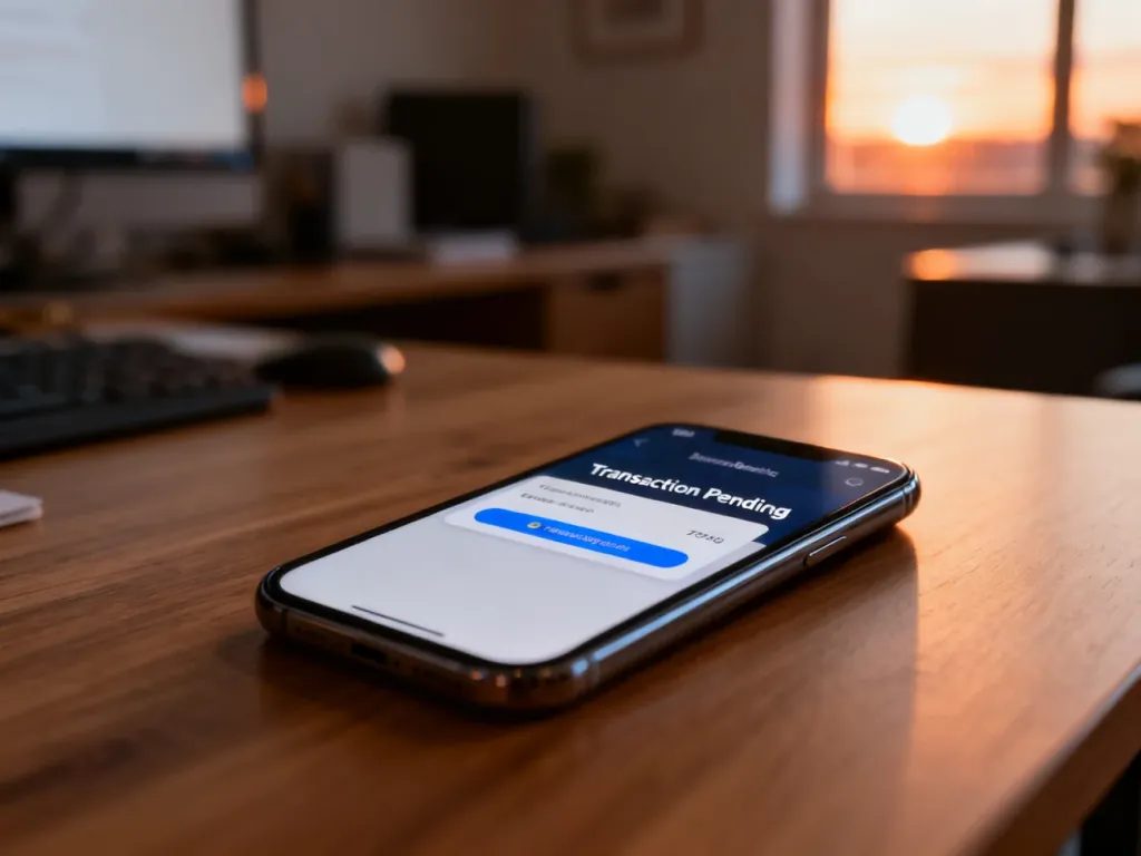 Smartfon z otwartą aplikacją bankową i powiadomieniem o oczekującej transakcji na drewnianym biurku.