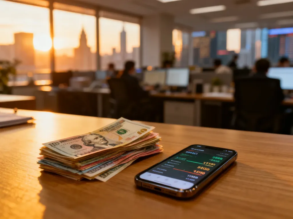 Stos banknotów różnych walut i smartfon z aplikacją do wymiany walut na biurku w biurze finansowym.