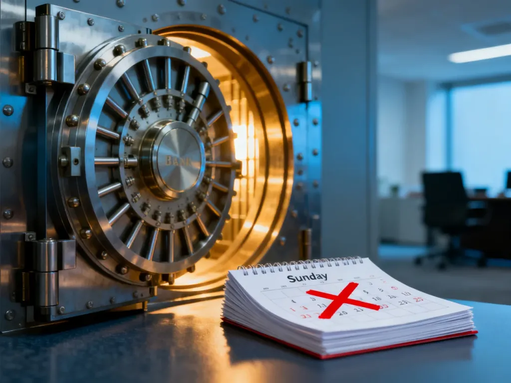 Otwarte drzwi skarbca bankowego obok kalendarza z zaznaczoną niedzielą, symbolizujące dni wolne od pracy w bankach.