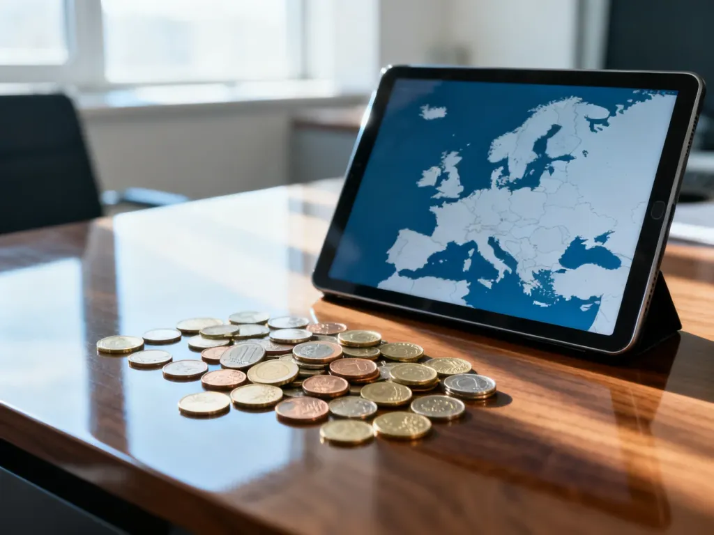 Monety różnych walut europejskich oraz mapa Europy na ekranie tabletu, symbolizujące zasięg systemu płatności SEPA.