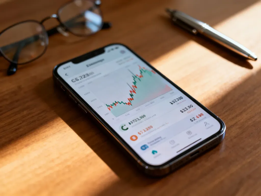 Smartfon z aplikacją finansową wyświetlającą wykresy kursów walut na tle biurka.