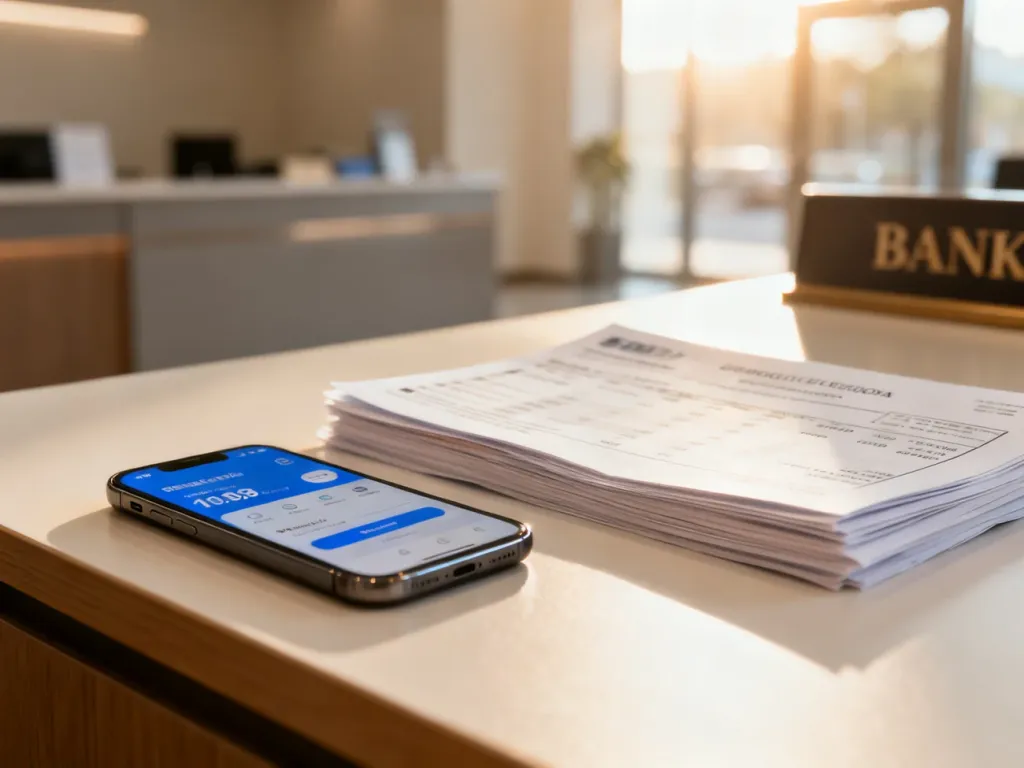 Smartfon z aplikacją bankową oraz dokumenty finansowe na biurku, symbolizujące proces składania reklamacji przelewu.