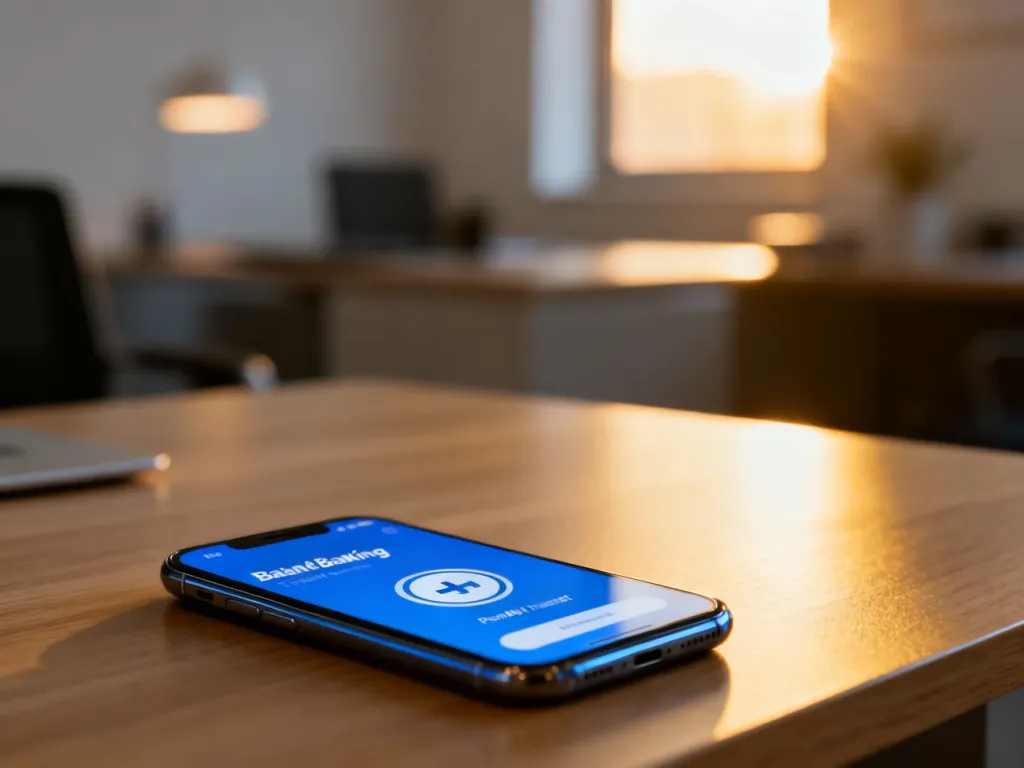 Smartfon z otwartą aplikacją bankową i ikoną oczekującej transakcji na drewnianym biurku.
