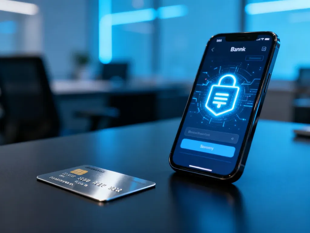 Smartfon z interfejsem bankowym i karta płatnicza na biurku, symbolizujące bezpieczne płatności mobilne BLIK.