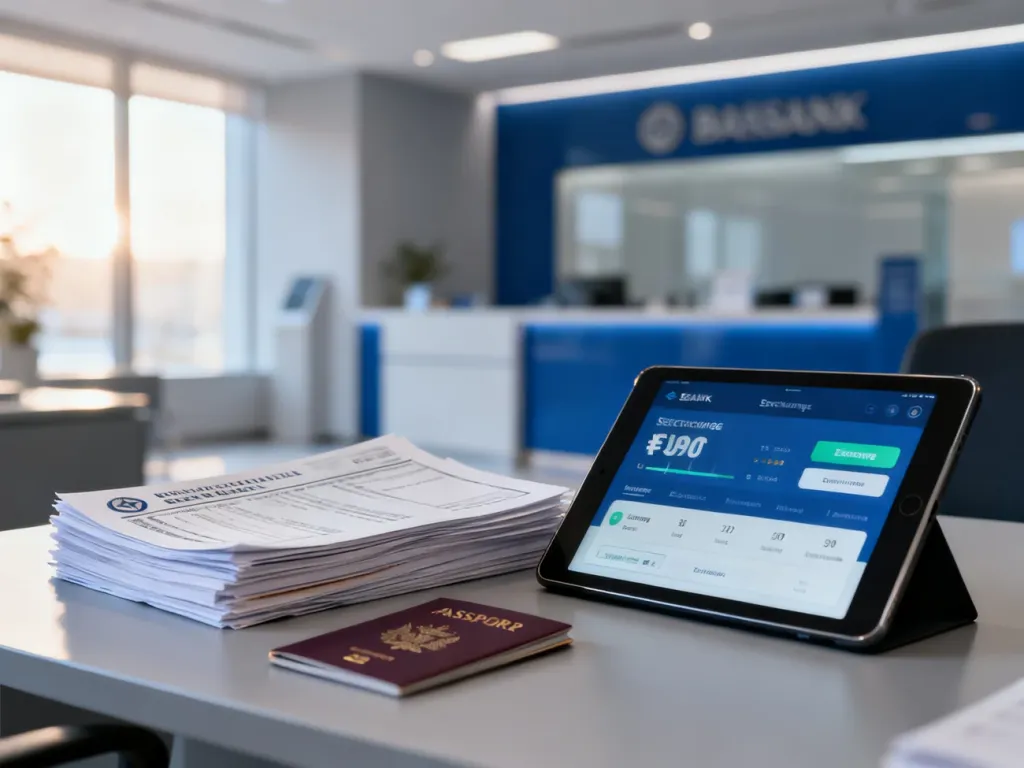 Stos dokumentów bankowych, paszport oraz tablet z aplikacją do wymiany walut na biurku, gotowe do realizacji przelewu.