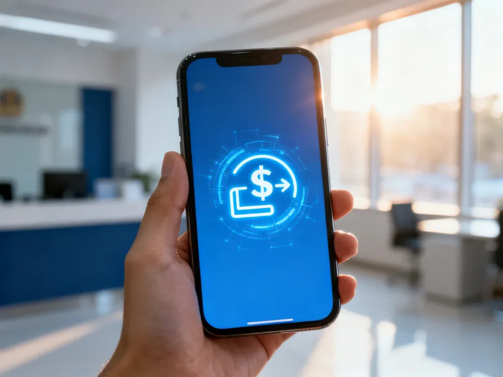 Dłoń trzymająca smartfon z ikoną przelewu na ekranie, symbolizująca szybkie i nowoczesne płatności mobilne.