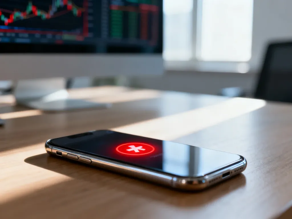 Nowoczesny smartfon z czerwoną ikoną błędu na ekranie, symbolizujący odrzucony przelew bankowy na biurku.