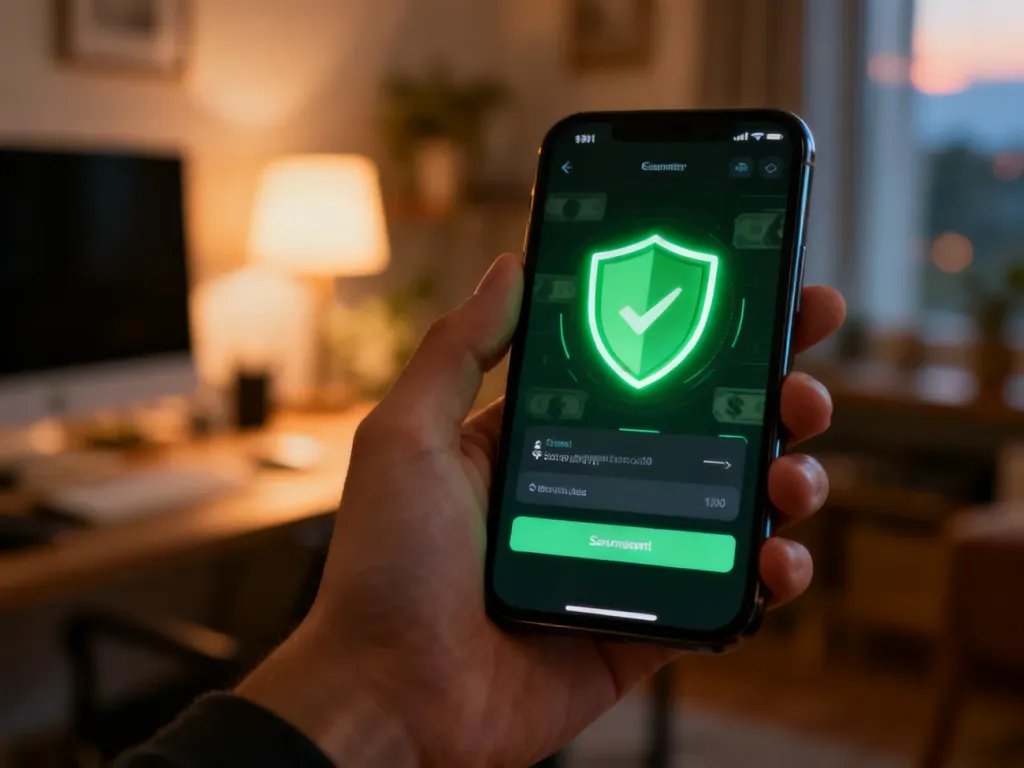 Dłoń trzymająca smartfon z ikoną zielonej tarczy na ekranie, symbolizującą bezpieczne przelewy na numer telefonu.