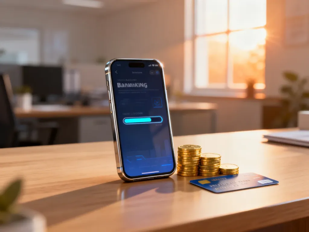 Smartfon z paskiem postępu płatności oraz monety na biurku, symbolizujące proces przetwarzania przelewu bankowego.