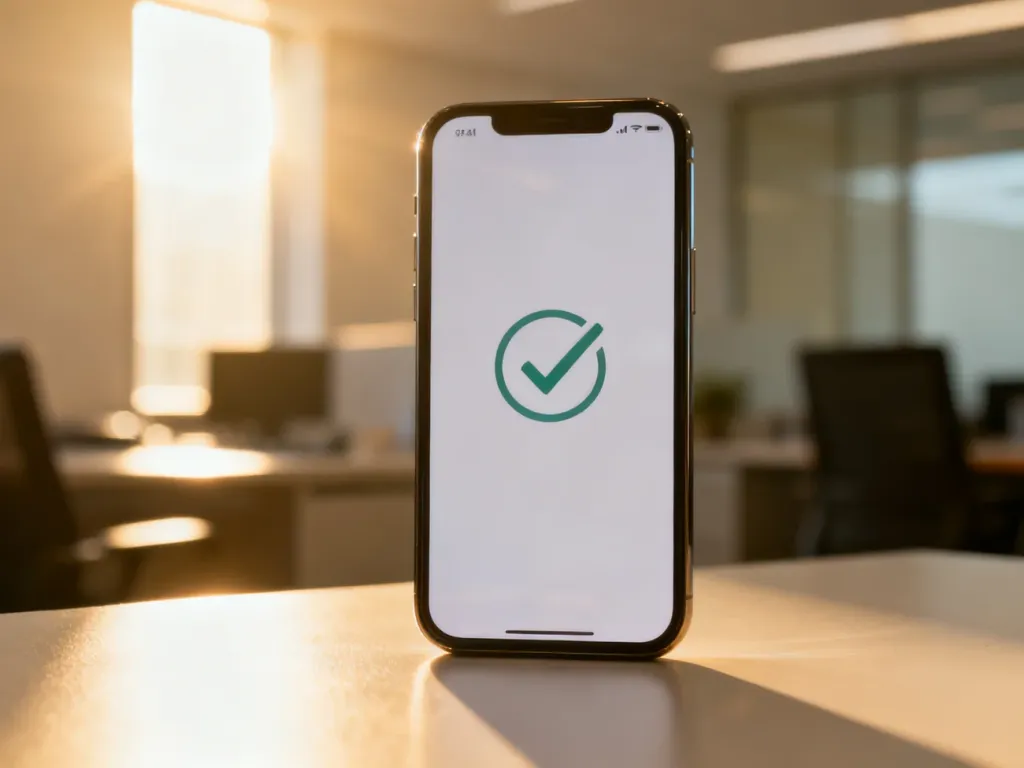 Smartfon z ikoną zatwierdzonej transakcji bankowej na tle nowoczesnego biura, symbolizujący proces realizacji przelewu.