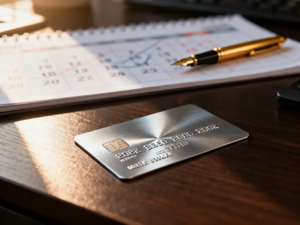 Metalowa karta kredytowa na biurku obok kalendarza, symbolizująca planowanie finansowe i zarządzanie terminami płatności.