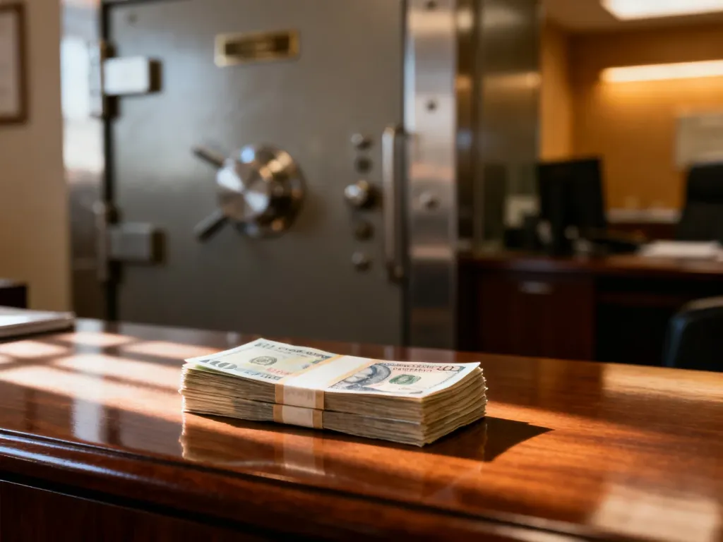 Stosy banknotów na biurku w bankowym skarbcu, ilustrujące temat wpłat gotówkowych na konto.