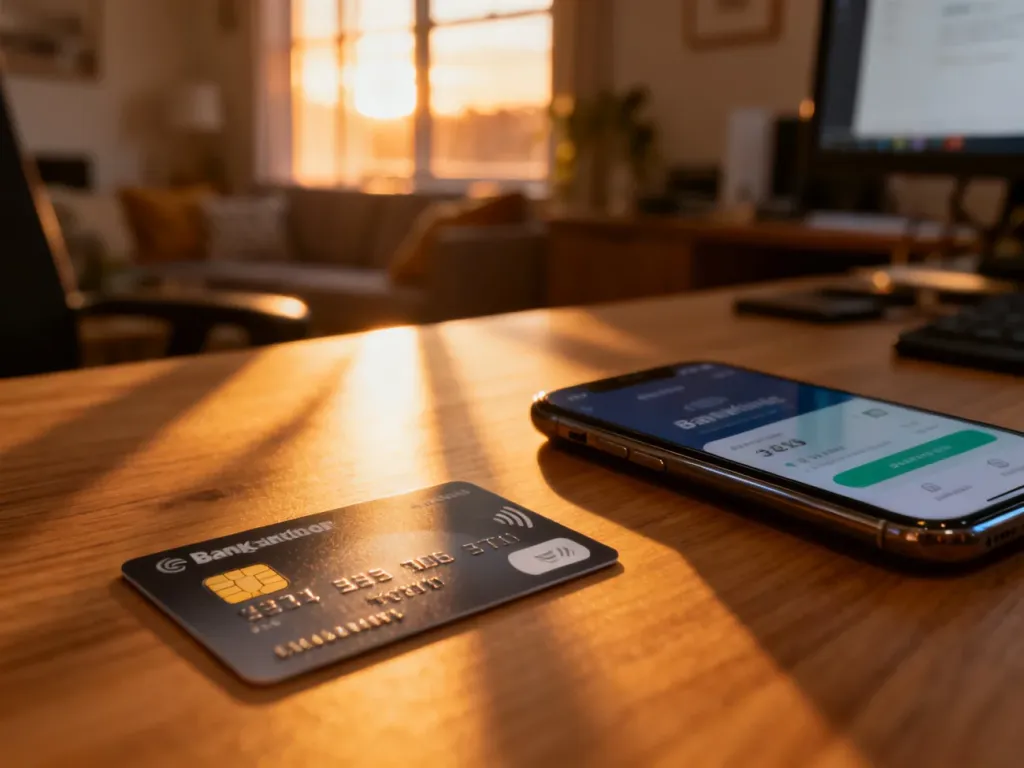 Karta płatnicza i smartfon z aplikacją bankową na biurku, symbolizujące zarządzanie finansami i dostęp do usług bankowych.