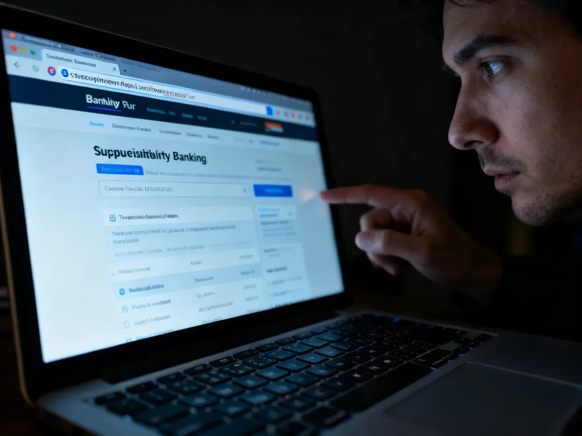 Osoba dokładnie sprawdzająca podejrzany adres strony bankowej na laptopie