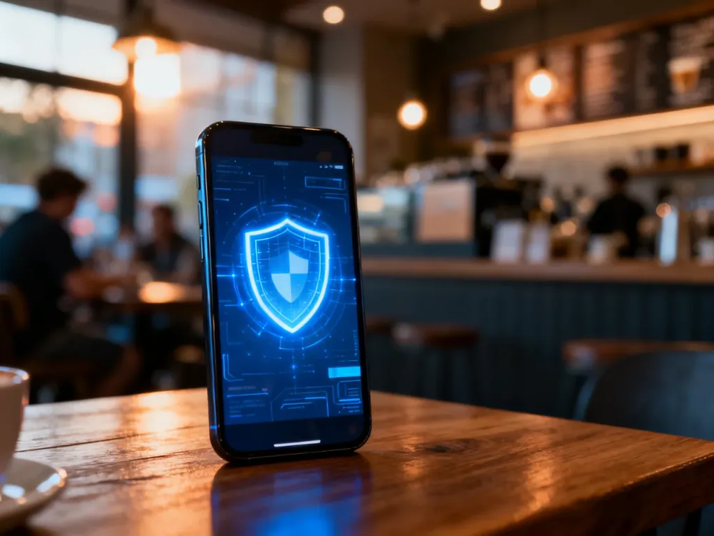 Smartfon z ikoną cyfrowej tarczy na ekranie, symbolizujący ochronę danych bankowych w publicznej sieci Wi-Fi.