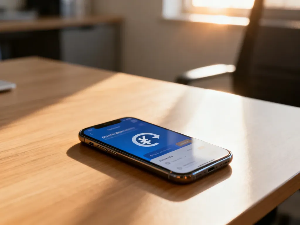 Smartfon z otwartą aplikacją bankową na drewnianym biurku, symbolizujący proces międzynarodowego przelewu pieniędzy.