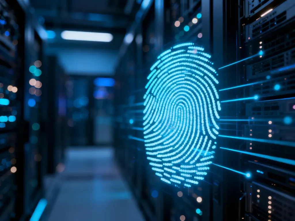 Holograficzny skaner linii papilarnych emitujący niebieskie światło, symbolizujący nowoczesne zabezpieczenia biometryczne.
