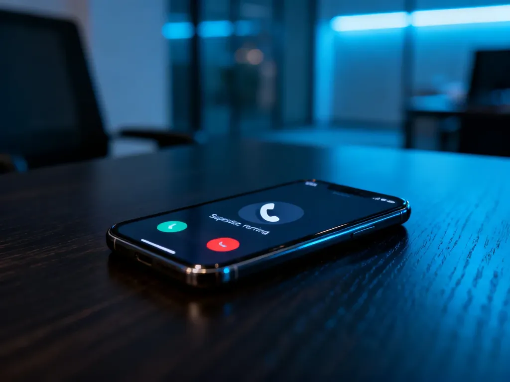 Smartfon na biurku z ikoną podejrzanego połączenia przychodzącego, ostrzegający przed próbą oszustwa telefonicznego.