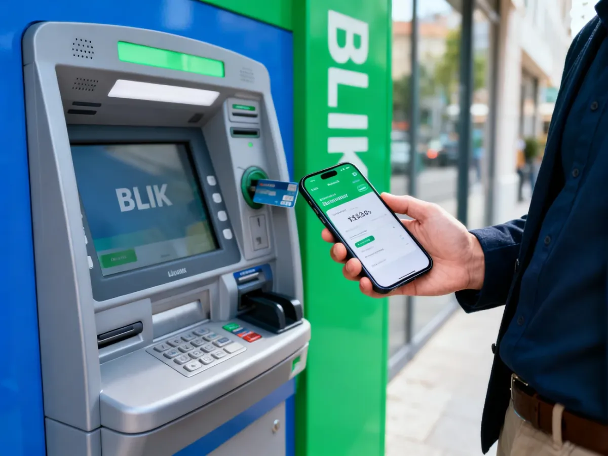 Osoba przygotowująca wypłatę gotówki BLIKIEM przy bankomacie za pomocą smartfona