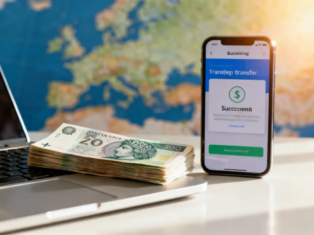 Smartfon z powiadomieniem o przelewie, banknoty złotówek i laptop na tle mapy Europy, symbolizujące przelew międzynarodowy.