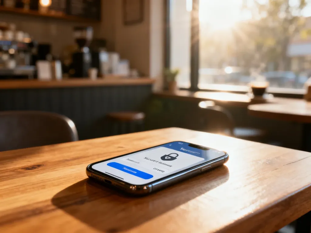 Smartfon z minimalistycznym interfejsem płatności na drewnianym stole, symbolizujący bezpieczne transakcje Blik.