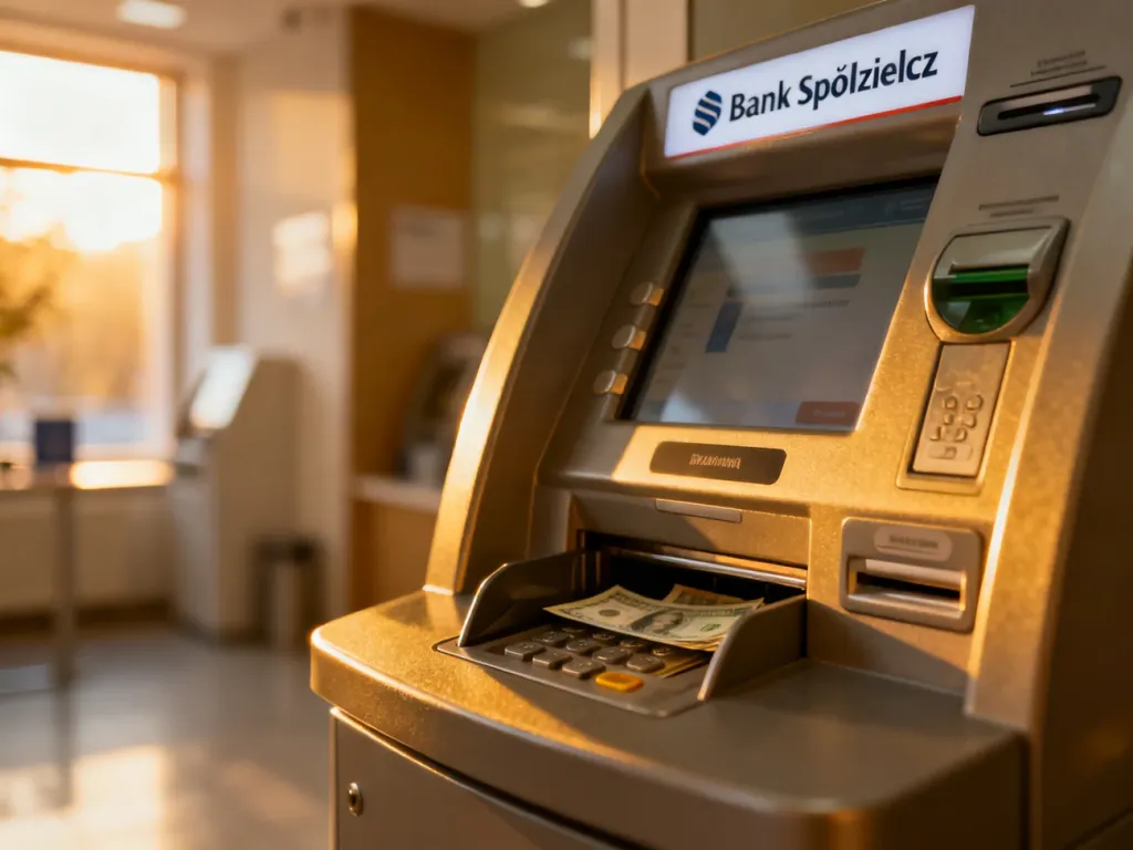 Nowoczesny interfejs wpłatomatu w Banku Spółdzielczym z widocznym otworem do bezpiecznego deponowania gotówki.