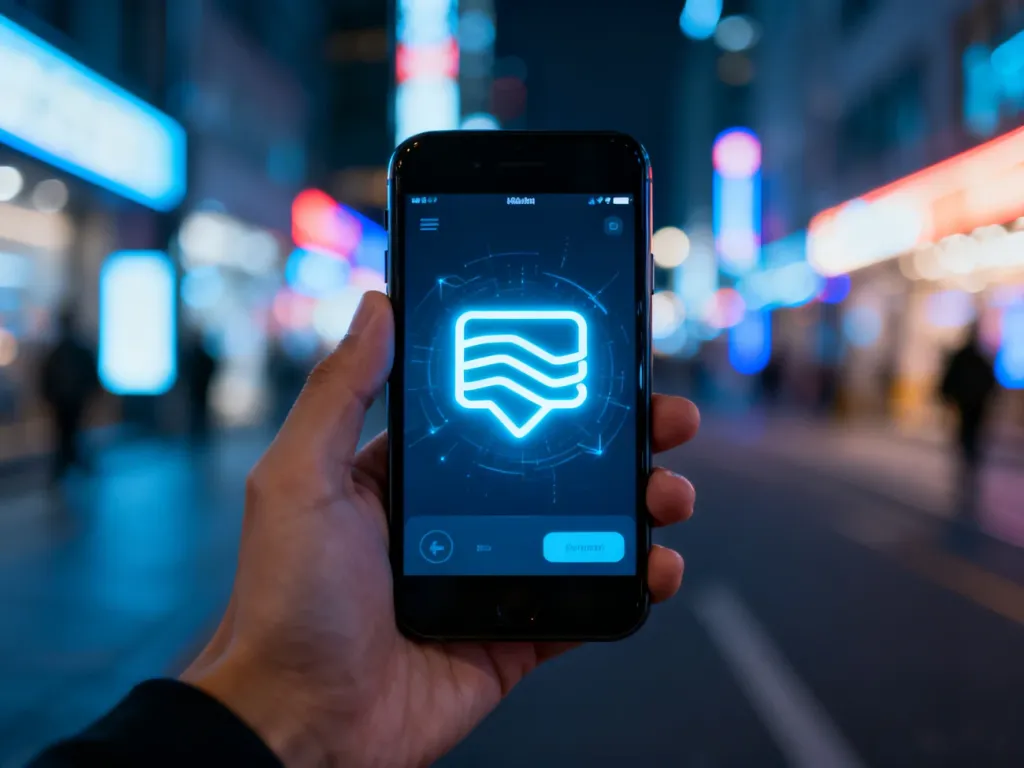 Dłoń trzymająca smartfon z interfejsem płatności mobilnych na tle wieczornego miasta, symbolizująca nowoczesne transakcje Blik.
