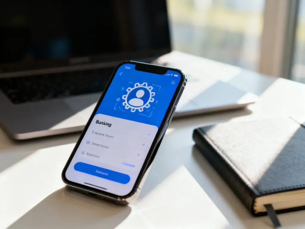 Smartfon z otwartą aplikacją bankową na tle biurka, symbolizujący proces zmiany ustawień profilu w bankowości online.