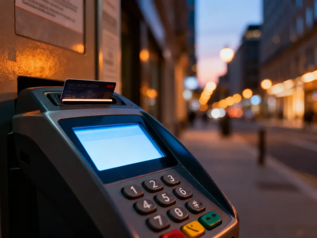 Nowoczesny bankomat z podświetlanym ekranem i klawiaturą, gotowy do wypłaty gotówki za pomocą kodu BLIK.