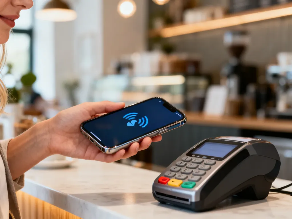 Kobieta płaci zbliżeniowo smartfonem przy terminalu w kawiarni, korzystając z usługi Google Pay.