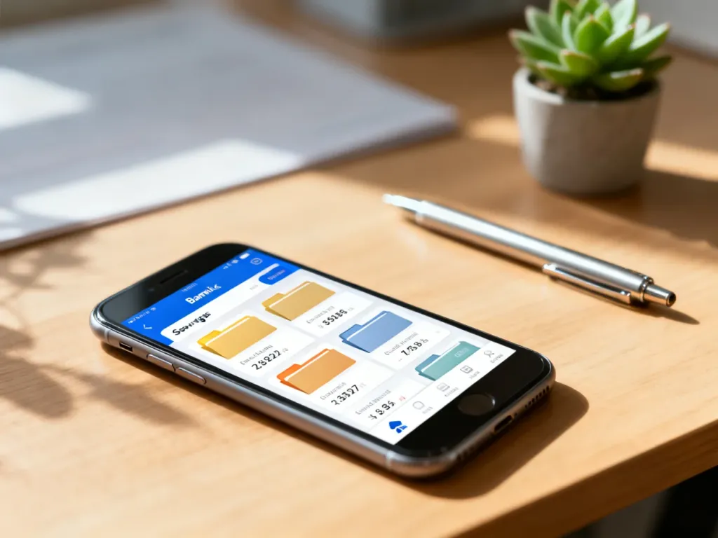 Ekran smartfona z aplikacją bankową prezentującą przejrzyste foldery oszczędnościowe na tle biurka.