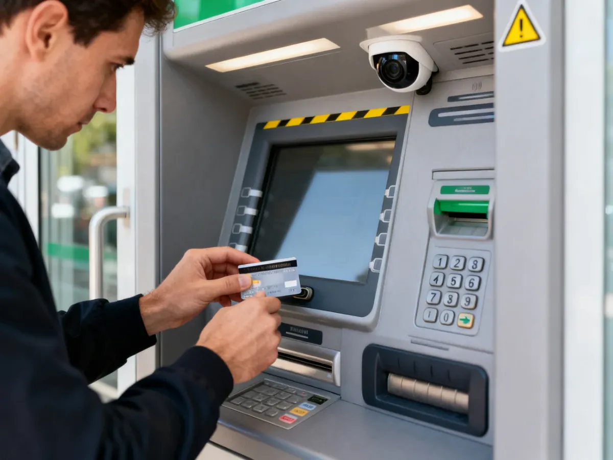Osoba sprawdzająca czytnik, klawiaturę i górną część bankomatu przed wypłatą